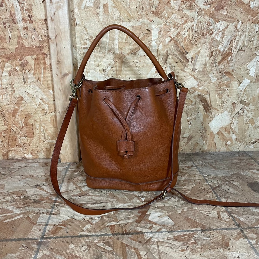 Madewell Bucket Bag Women Medium Cognac Brown Leather Drawstring Crossbody - Picture 2 of 16